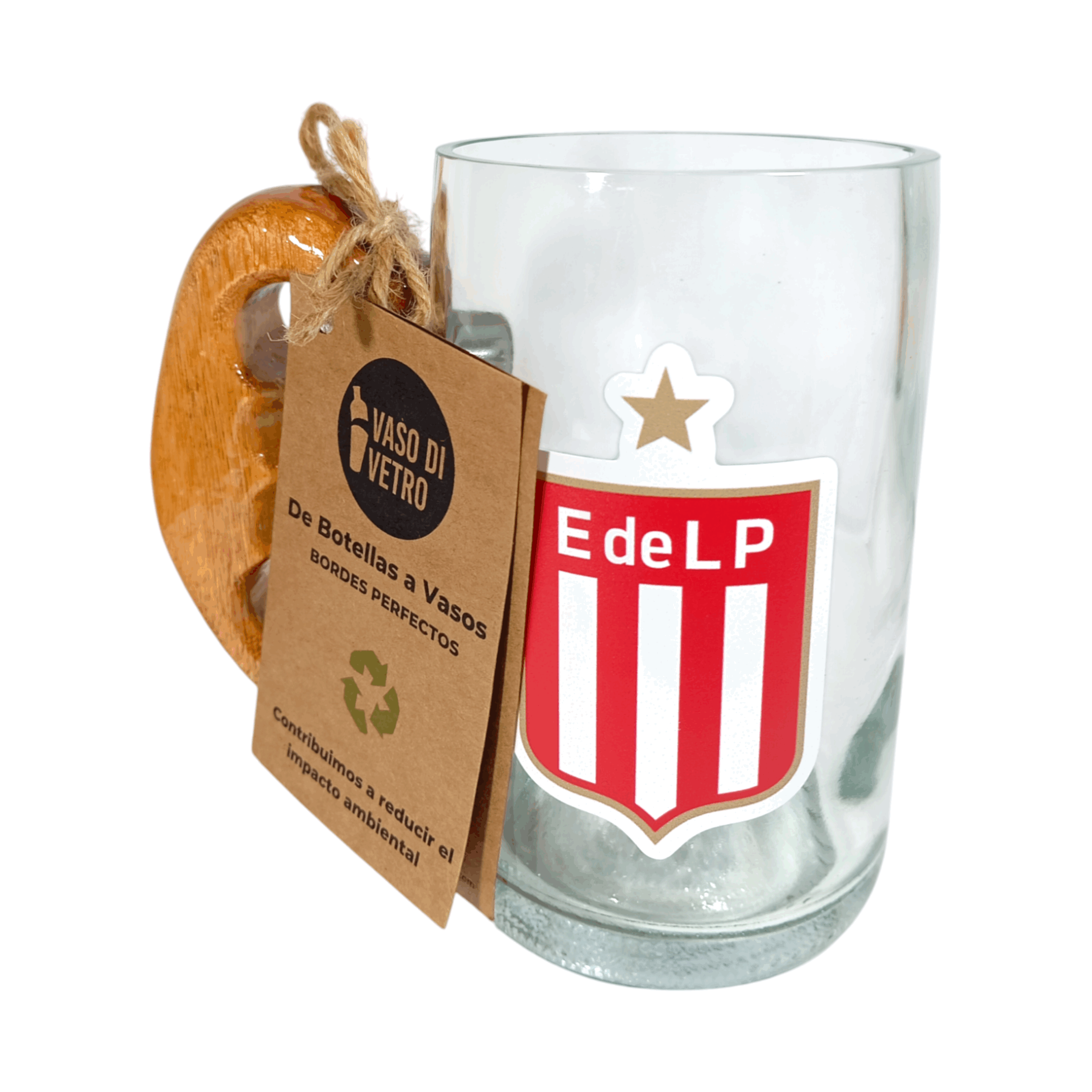 Chopp de Estudiantes de La Plata de botella cortada para regalar. Escudo del Club en vinilo UV. Hecho por VASODIVETRO