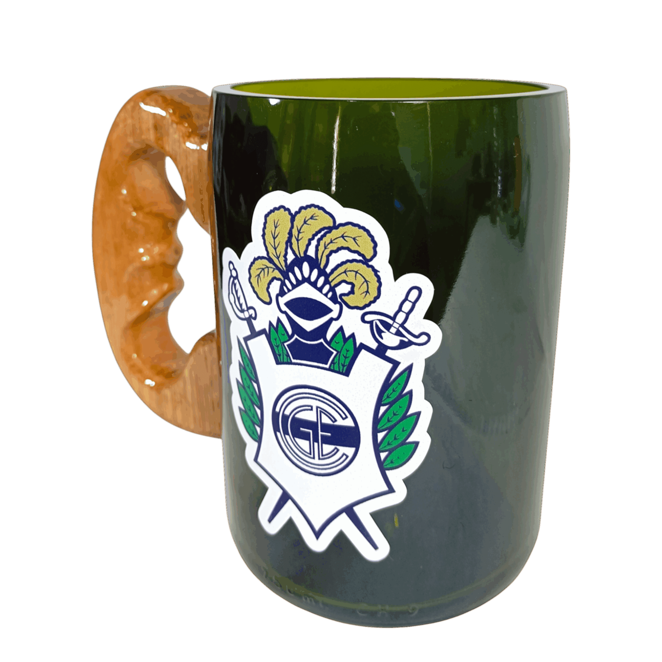 Chopp de Gimnasia de La Plata de botella cortada para regalar. Escudo del Club en vinilo UV. Hecho por VASODIVETRO