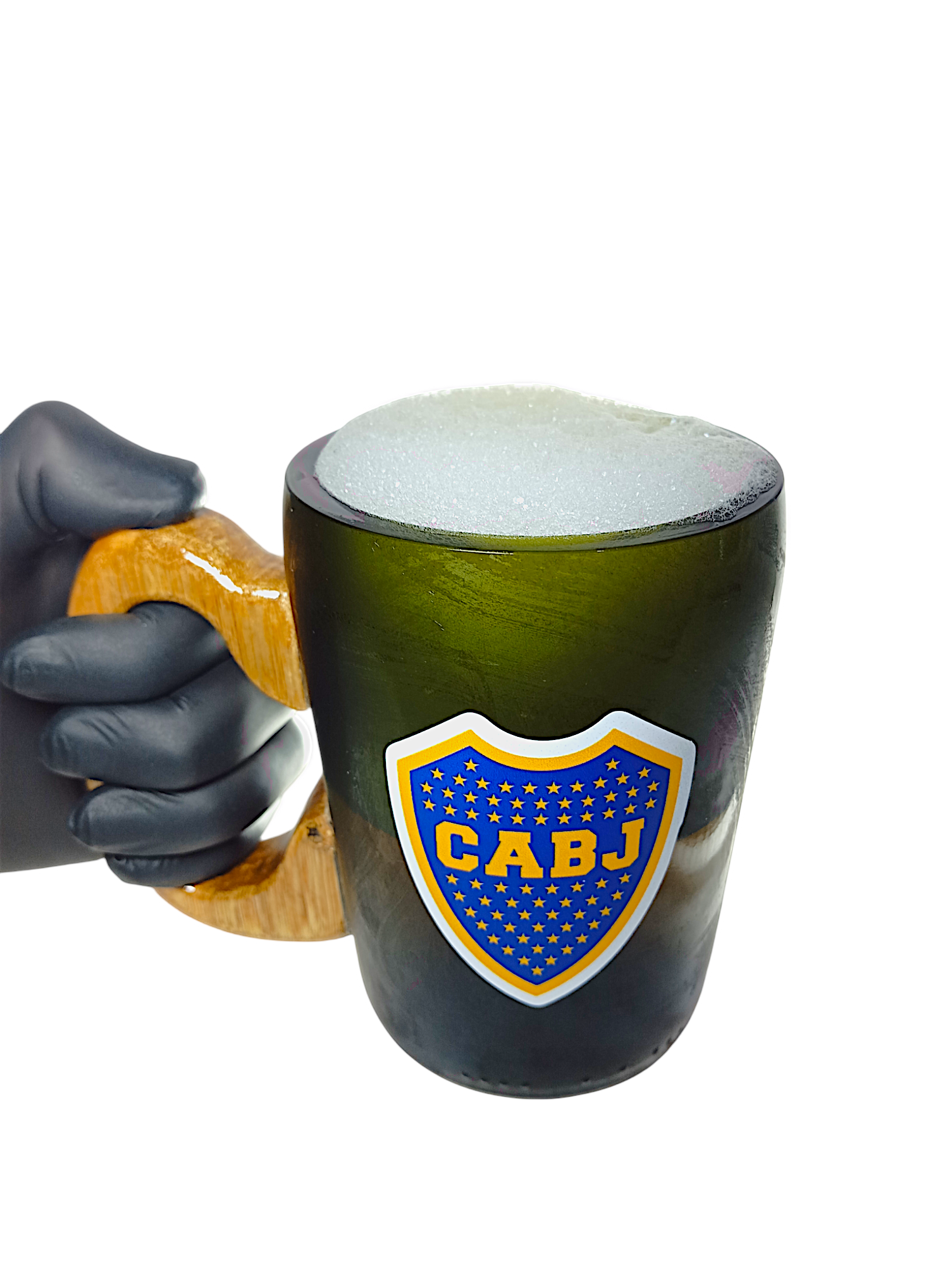 Chopp de Boca de botella cortada para regalar. Escudo del Club en vinilo UV. Hecho por VASODIVETRO