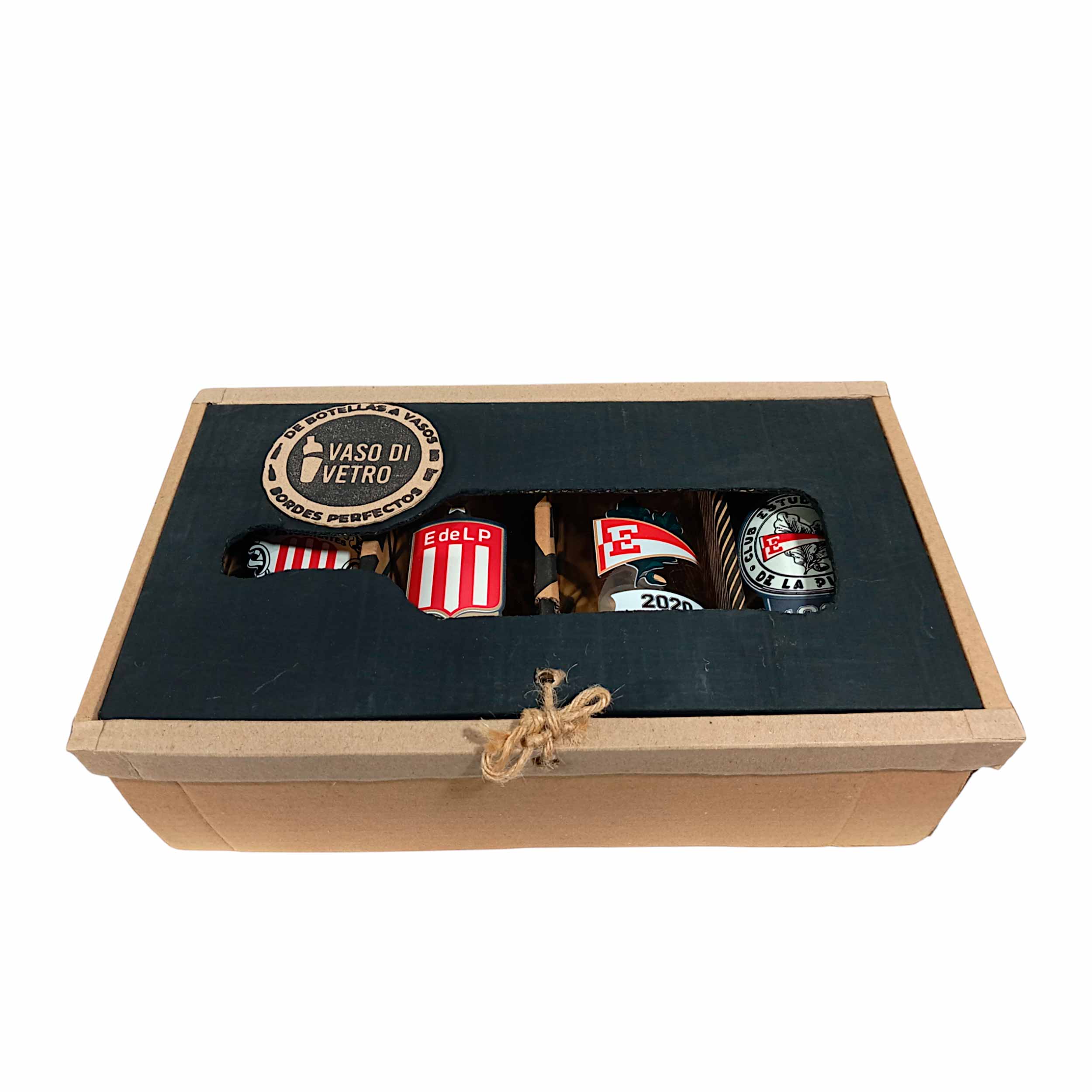 Coleccion de Estudiantes de La Plata de botella cortada para regalar. 4 Escudos del Club en vinilo UV. Hecho por VASODIVETRO