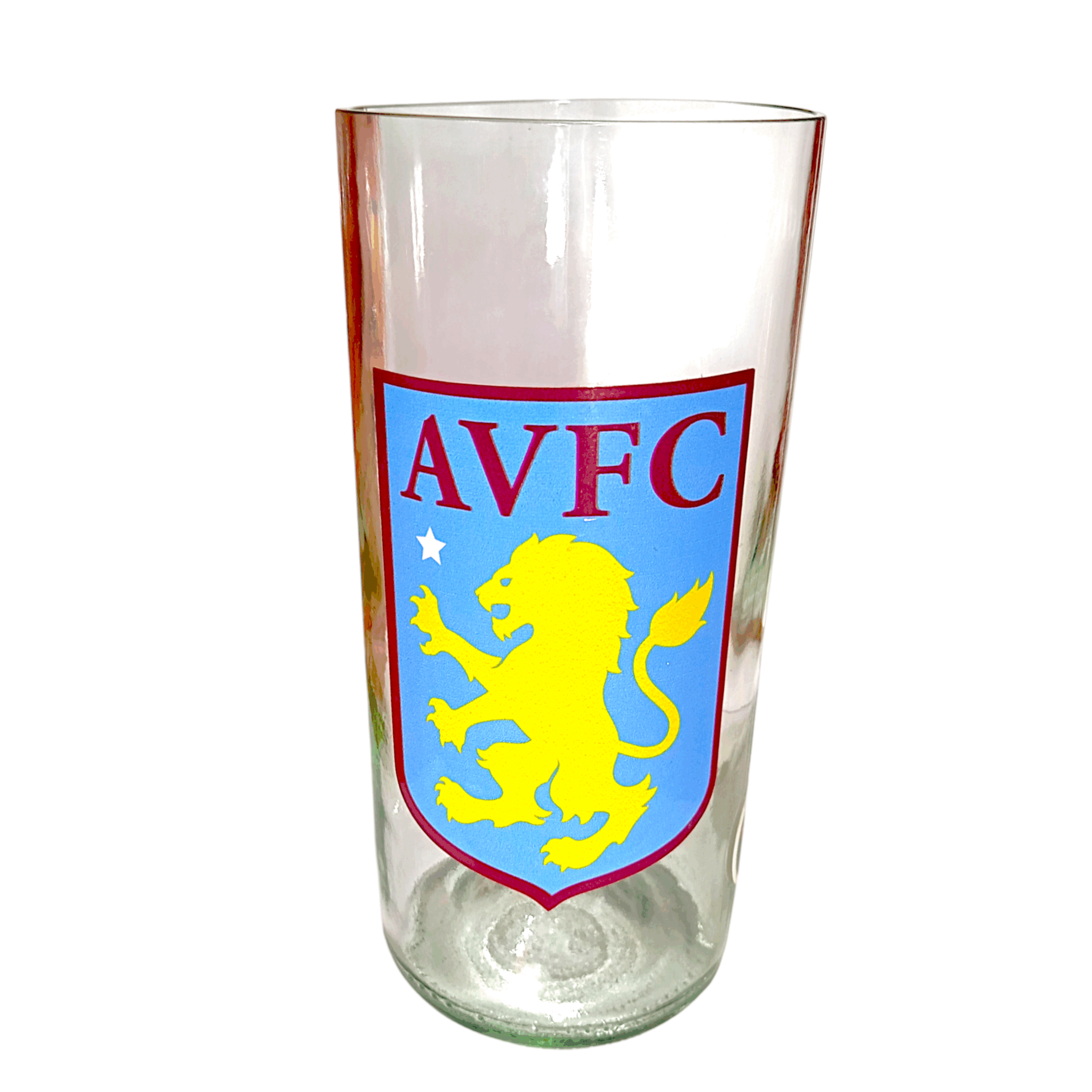 Vaso de Aston Villa Football Club de botella cortada para regalar. Escudo del Club en vinilo laqueado. Hecho por VASODIVETRO