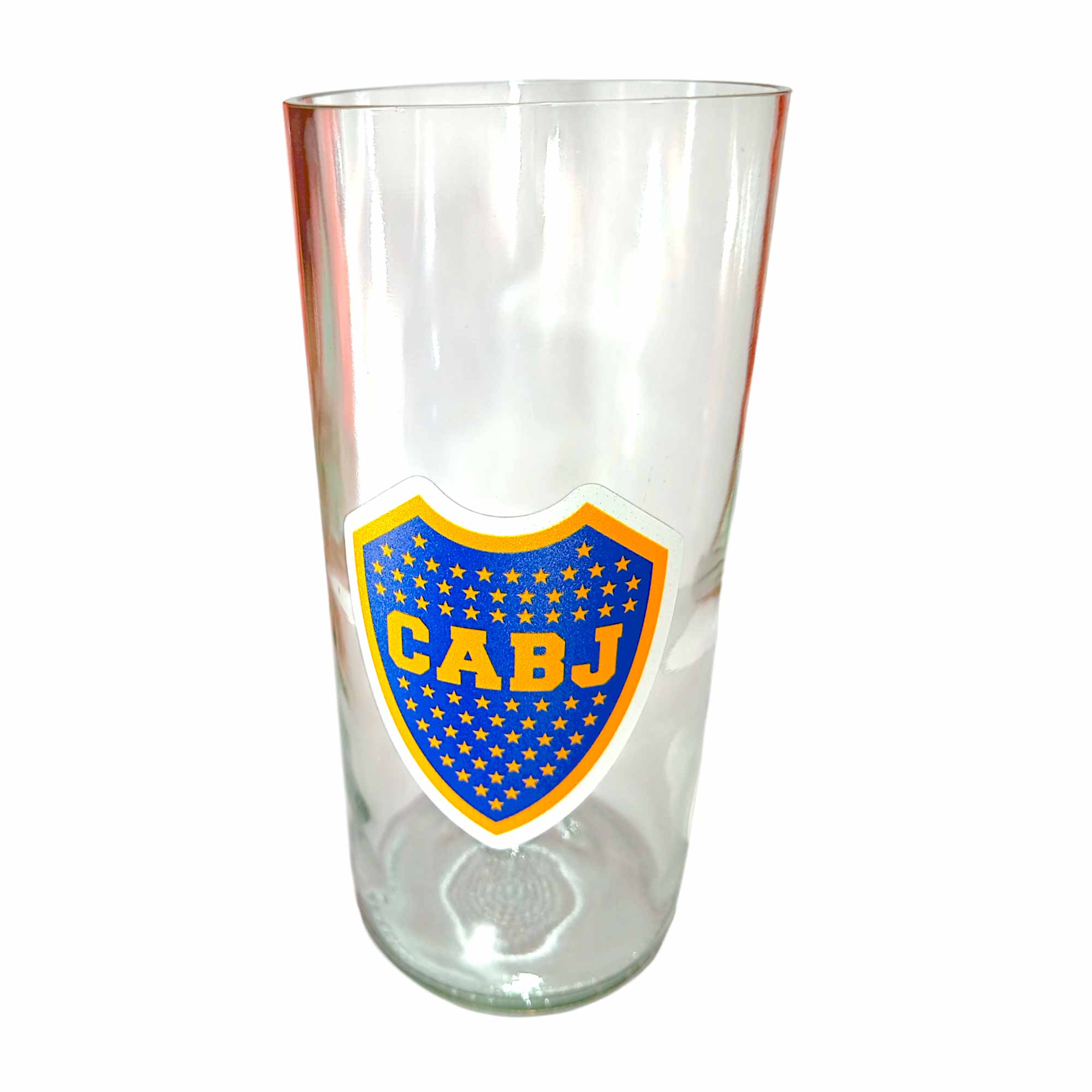 Vaso de botella cortada para regalar con Escudo de Boca en vinilo UV
