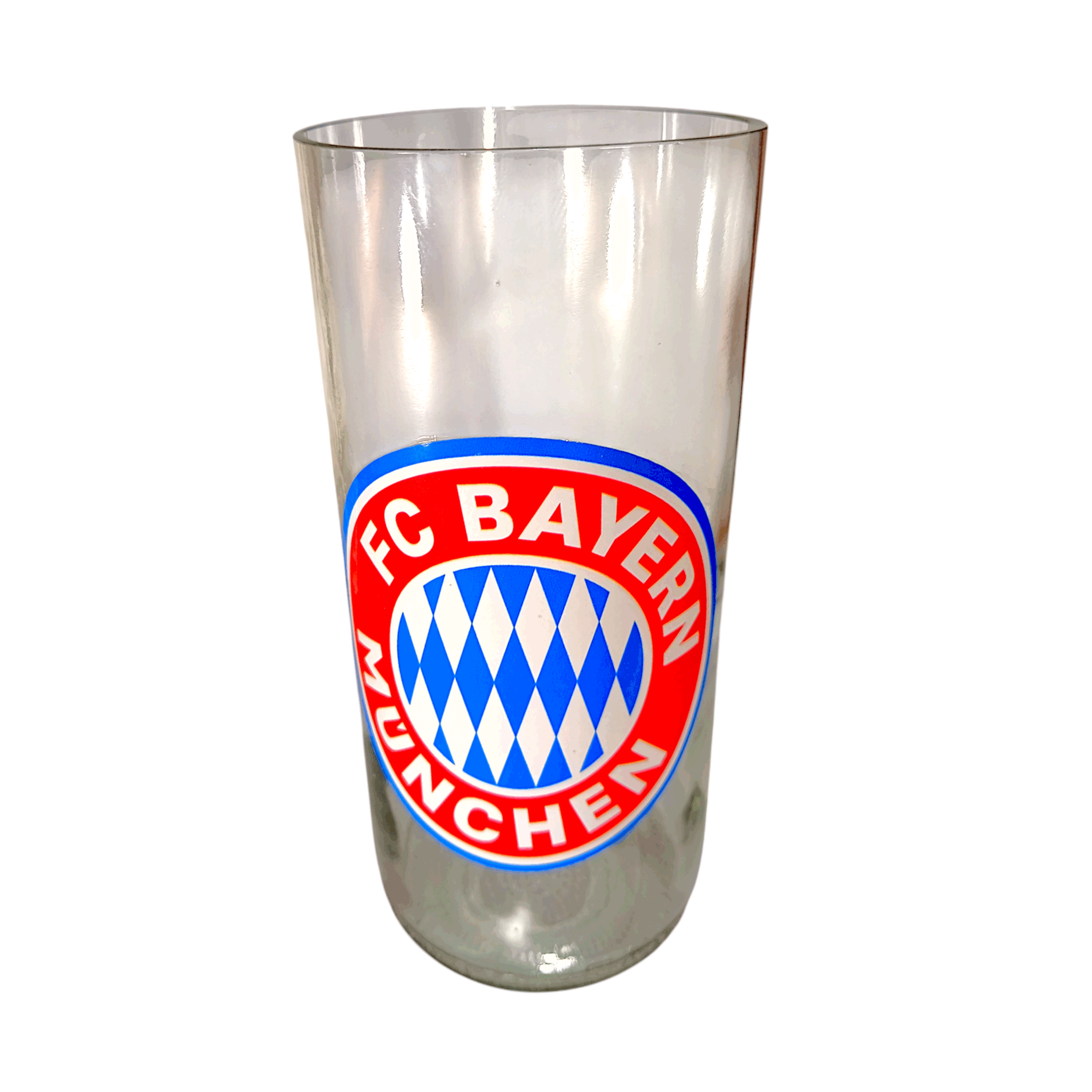 Vaso de FC Bayern munich de botella cortada para regalar. Escudo del Club en vinilo laqueado. Hecho por VASODIVETRO