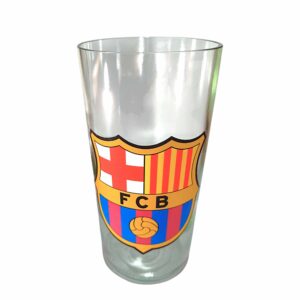 Vaso de Barcelona de botella cortada para regalar. Escudo del Club en vinilo laqueado. Hecho por VASODIVETRO