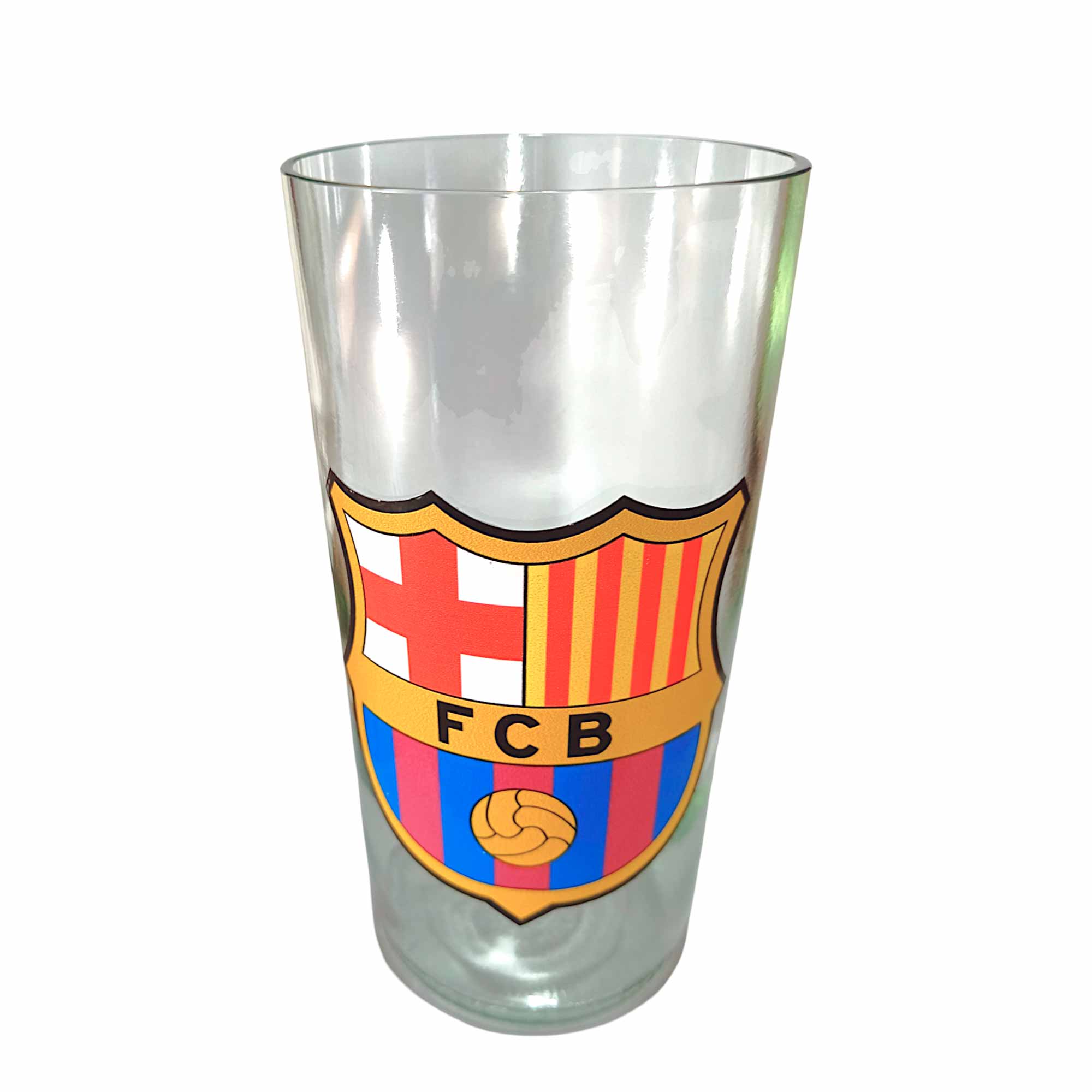 Vaso de Barcelona de botella cortada para regalar. Escudo del Club en vinilo laqueado. Hecho por VASODIVETRO