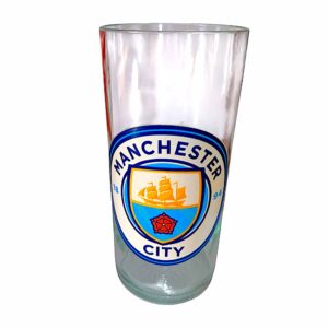 Vaso del Manchester City de botella cortada para regalar. Escudo del Club en vinilo laqueado. Hecho por VASODIVETRO